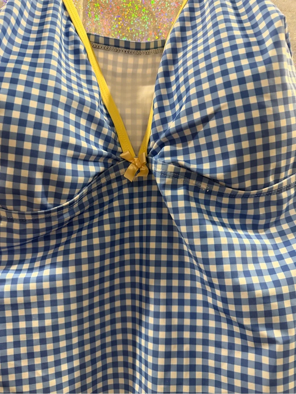 SHEIN 4XL Blue Gingham 2 Piece Bikini Set Yellow Trim Plus Size Swimwear